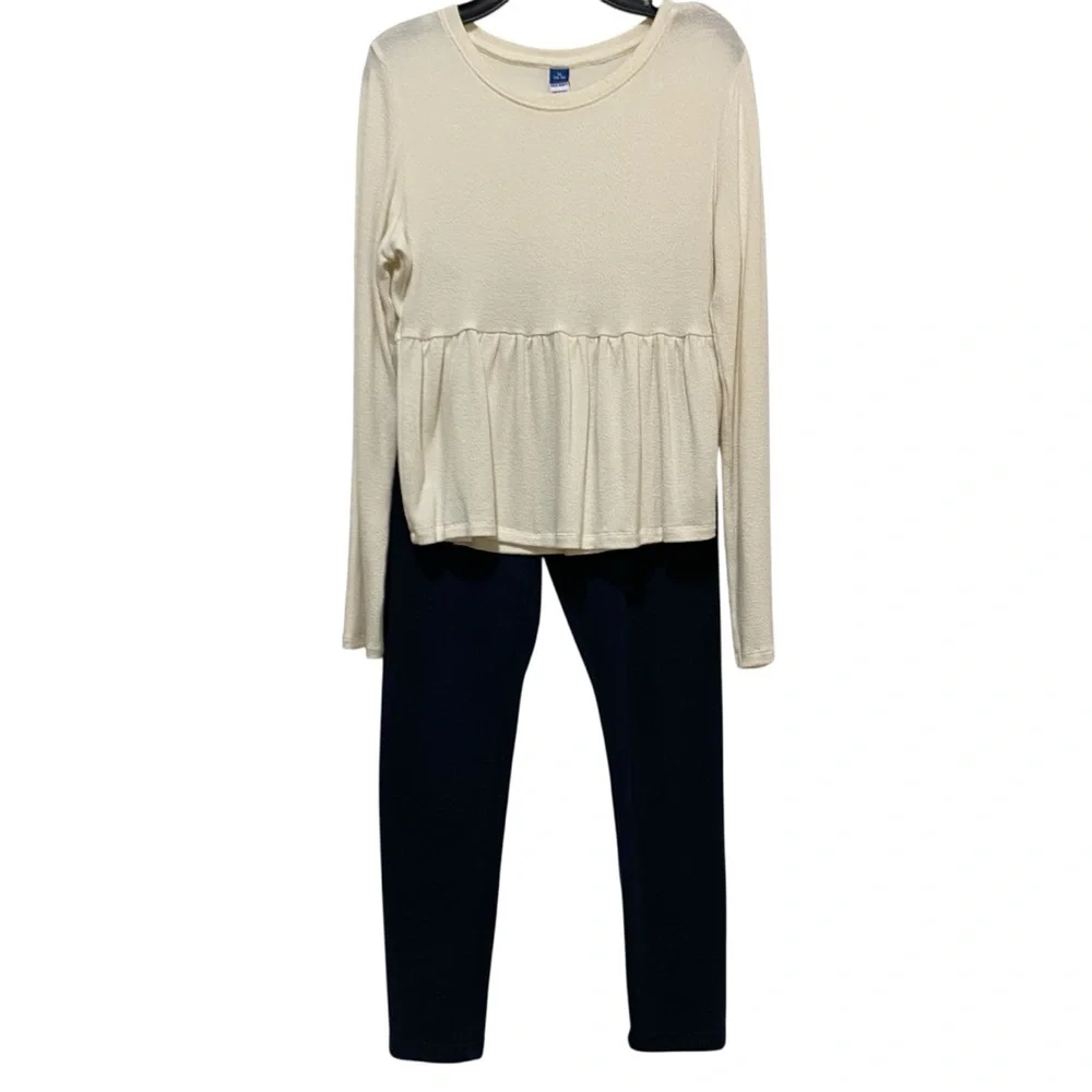 Old Navy Cream Peplum Top & Navy Blue Leggings Kids Matching Set Size XL